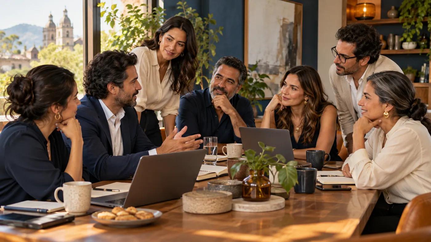 Escena ilustrativa de un encuentro pequeño entre empresarios y profesionales.